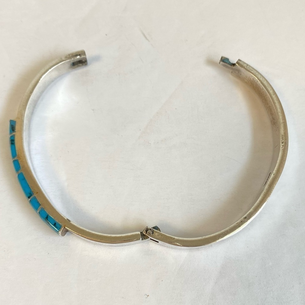 Vintage Turquoise Bangle Bracelet Mexico Silver Hinged Coastal Cowgirl Southwest - Picture 5 of 11